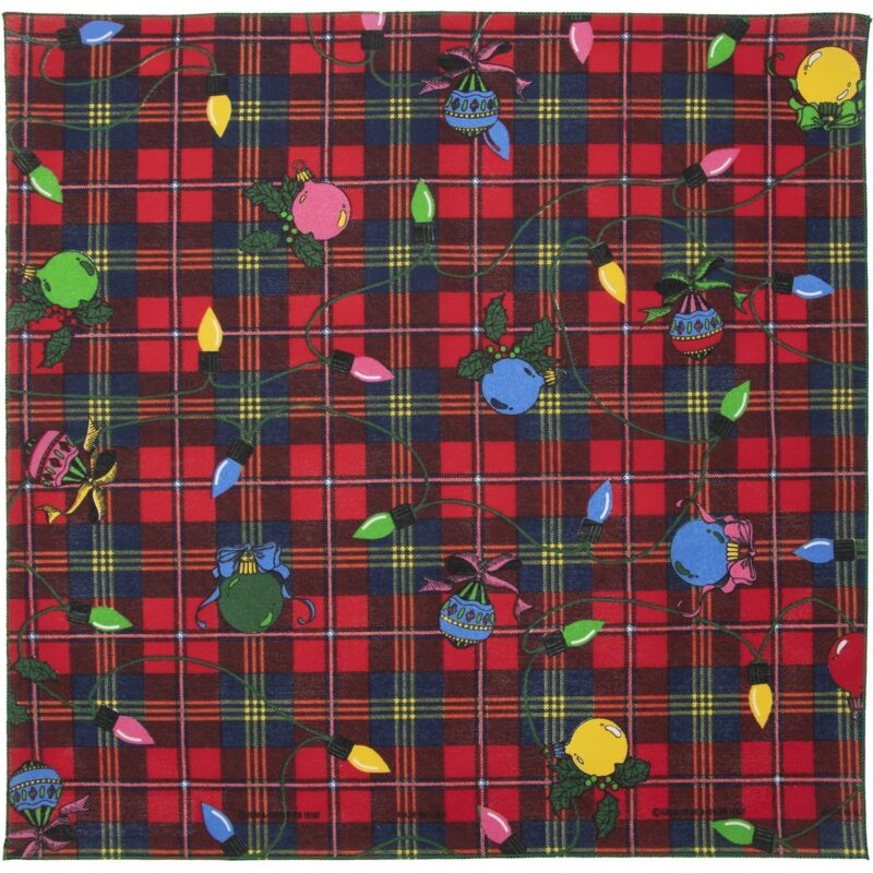A red plaid cloth features vibrant illustrations of Christmas ornaments and colorful lights intertwined among green holly leaves creating a festive holiday atmosphere suitable for decorating or gifting.