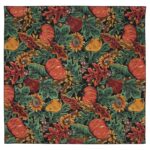 A patterned fabric displays vibrant illustrations of pumpkins sunflowers leaves and acorns arranged in a harmonious layout against a dark background creating a seasonal autumn ambiance.