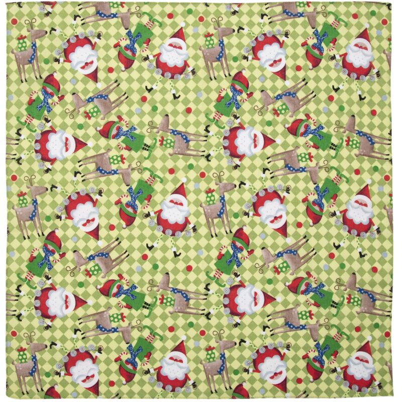 Santa & Elf - Green Bandana A patterned fabric features cartoonish Santa Clauses and reindeer in festive attire joyfully holding gifts on a bright green and checkered background with playful red and green accents.