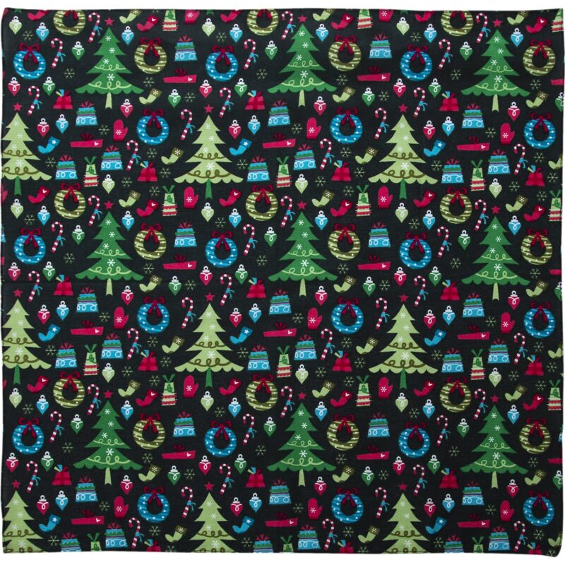 Colorful festive fabric featuring green Christmas trees red bows blue ornaments candy canes and holiday wreaths on a black background creating a cheerful seasonal design suitable for decorations or crafts
