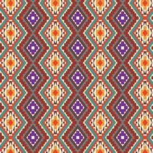A repeating geometric pattern features colorful diamond shapes in purple orange and cream hues arranged in a symmetrical layout set against a light background.