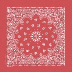 A red bandana features intricate white patterns including paisley designs and a floral motif at the center creating a symmetrical  decorative appearance suitable for various uses.