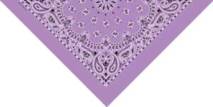 A purple bandana with intricate white paisley patterns is displayed in the foreground against a plain background emphasizing its design and fabric texture