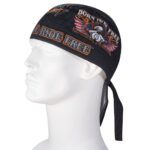 A black headband is worn on a white mannequin's head featuring graphics of an eagle and the text BORN TO BE FREE and RIDE FREE in orange and white against the fabric.