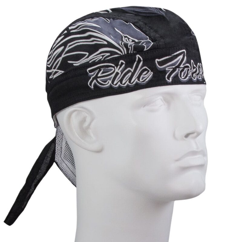A black bandana is worn on a mannequin head featuring a design with the text Ride Free and abstract graphics in gray also resembling flames set against a neutral background.