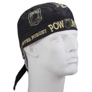 A black bandana with POW-MIA insignia and the phrase "NEVER FORGET" displayed prominently is worn on a white mannequin head against a plain background.
