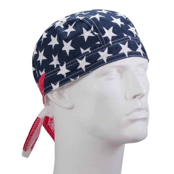 A star-patterned bandana is worn on a mannequin's head with ties at the back  set against a plain background  creating a focus on the bandana's design and style.