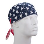 A bandana with a navy blue background features white stars and red accents. It is displayed on a white mannequin head in an isolated setting  emphasizing its design.
