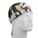 A camouflage bandana is displayed on a white mannequin head facing slightly to the right in a neutral background highlighting the bandana's pattern and design.