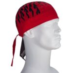 A red bandana with black flame patterns is tied around the head of a white mannequin showing a side profile against a plain background. The ties hang down behind the mannequin's neck.