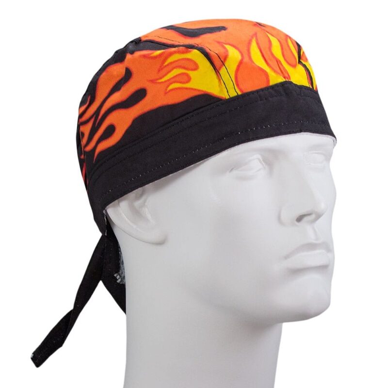 A black and orange flame-patterned bandana is worn on a mannequin's head showcasing vibrant flames and a contrasting black band as it stands alone against a plain white background.