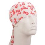 A white bandana covered in red ribbon patterns is displayed on a mannequin head. The bandana is tied securely at the back  emphasizing its decorative and supportive design.