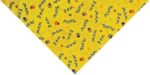 A vibrant yellow bandana with scattered text saying "Meow" and "Paw" alongside colorful paw print designs  creating a playful and pet-themed pattern suitable for animals or pet owners.