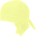 A bright yellow bandana is positioned slightly to one side showcasing its triangular tails and rounded cap shape. It appears lightweight and is typically used for headwear or protection.