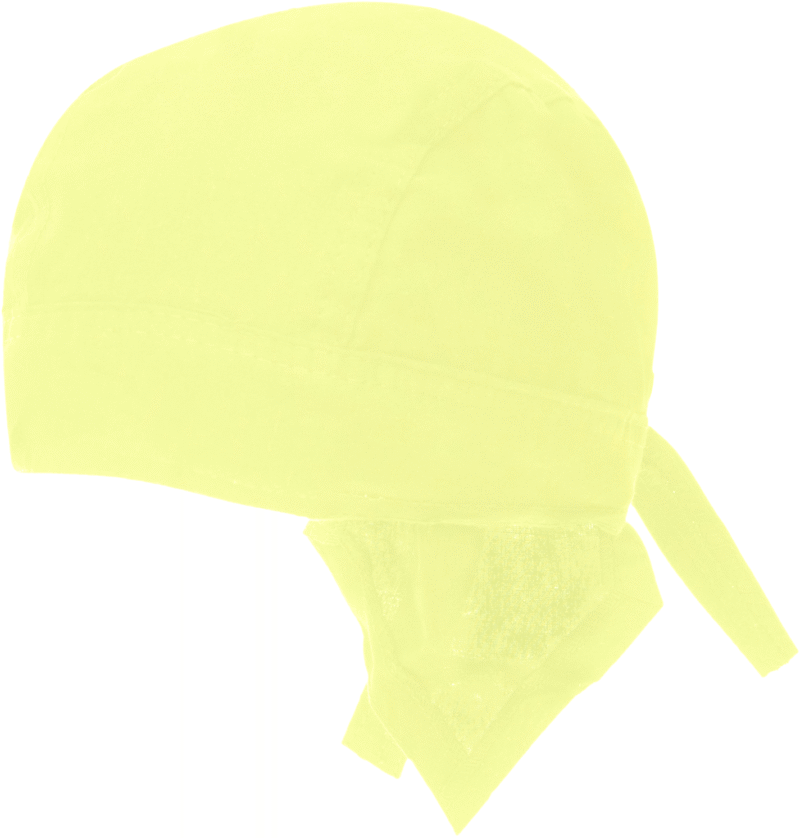 A bright yellow bandana is positioned slightly to one side showcasing its triangular tails and rounded cap shape. It appears lightweight and is typically used for headwear or protection.