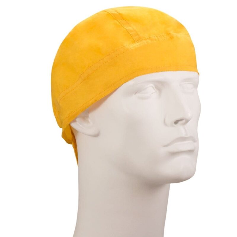 Solid Color Head Wrap - 100% Cotton - Imported A yellow hat is resting on a white male mannequin head with a neutral expression in a simple indoor setting focused on the hat's shape and color.