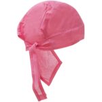 A pink bandana is tied neatly at the back with two long tails hanging down. The fabric appears lightweight and smooth  suitable for wearing in warm settings or during outdoor activities.