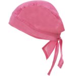 A pink headscarf is tied at the back with two hanging ties while its smooth fabric suggests a light and breathable texture suitable for keeping hair in place in warm environments.