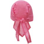 A pink headscarf is displayed with ties at the back. It is designed to cover the head  often worn for protection or style in a variety of contexts.