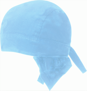 A blue fabric cap is displayed at an angle with tied ends hanging at the back suggesting it is designed for securing on the head likely used for warmth or protection.
