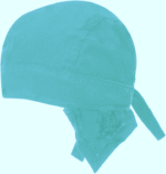 A fabric head covering with a tied back and a triangular flap hangs loosely suggesting usage in practical or work contexts against a light background