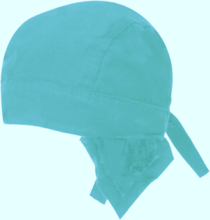 A fabric head covering with a tied back and a triangular flap hangs loosely suggesting usage in practical or work contexts against a light background