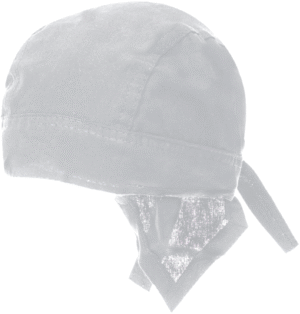 A cloth cap features a rounded top and ribbons tied at the back providing secure fit in a neutral setting suggesting casual or work attire.