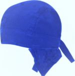A blue bandana hat is displayed sideways with ties hanging down its back suggesting it is designed for headwear usage often associated with outdoor activities or practical tasks in various environments.