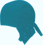 A fabric cap sits with a tied back section while the front is designed to cover the head  typically worn for protection in various work environments.
