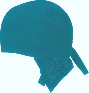 A fabric cap sits with a tied back section while the front is designed to cover the head  typically worn for protection in various work environments.