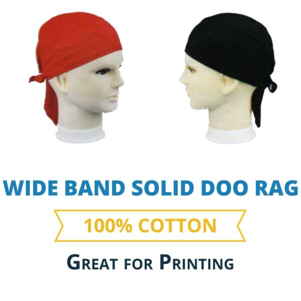 Two mannequin heads display a red and a black doo rag The doo rags are designed with wide bands and made of 100 percent cotton suitable for printing