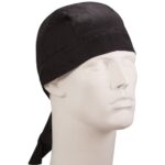 A black bandana is displayed on a mannequin head showcasing its sleek design and tied ends while serving as a functional accessory in a neutral background setting.