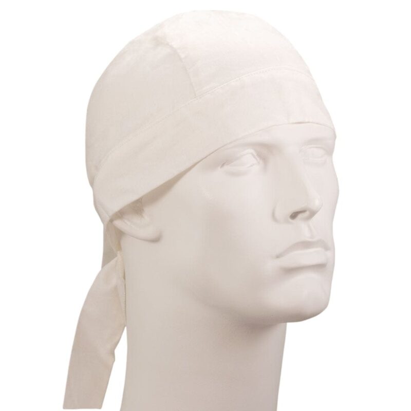 Solid Color Wide Band Head Wrap - 100% Cotton - Imported A white fabric headscarf is positioned on a mannequin's head the scarf drapes over the scalp and ties at the back in a simple style against a neutral background