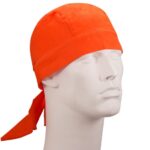 A bright orange bandana covers a smooth white mannequin head with a sleek finish the bandana is tied back with a long trailing tail giving a sporty look