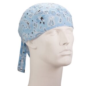 A blue bandana-style cap is worn on a mannequin head featuring a paisley pattern and ties at the back showcasing a plain background with no other distinct items or context.