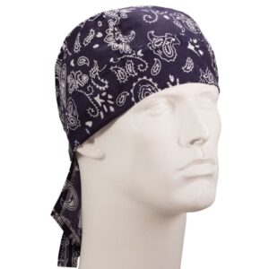 A black bandana with white paisley patterns is tied around the head of a white mannequin displaying a neutral expression in a simple  uncluttered setting.