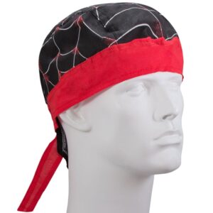 A mannequin head displays a black bandana patterned with red web designs adorned by a solid red band at the front while two ties hang down at the back.
