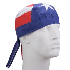 A mannequin head displays a fabric bandana featuring a red white and blue design with a white star and abstract patterns draped around the forehead and tied at the back.