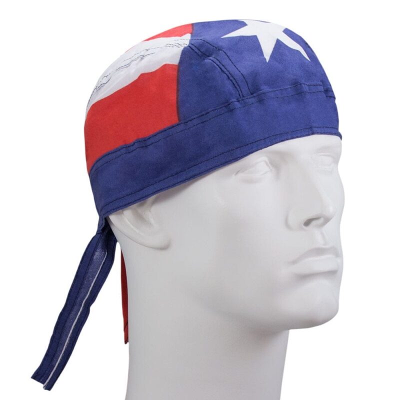 Puerto Rico Flag Head Wrap A mannequin head displays a fabric bandana featuring a red white and blue design with a white star and abstract patterns draped around the forehead and tied at the back.