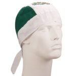 A white and green bandana is worn on a mannequin head showcasing its design. The bandana features colors and patterns that may represent cultural significance.