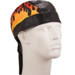 A black and colorful flame-patterned bandana is displayed on a white mannequin head showcasing its design and style in a neutral background highlighting the headwear's distinctive features.