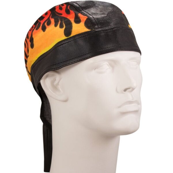 A black and colorful flame-patterned bandana is displayed on a white mannequin head showcasing its design and style in a neutral background highlighting the headwear's distinctive features.