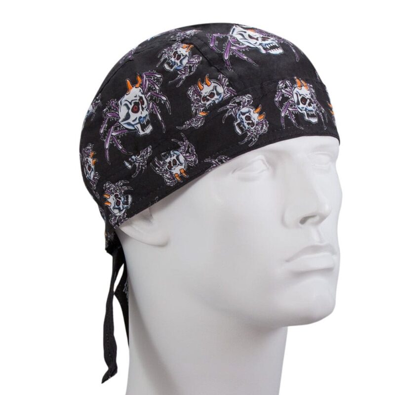 Spider Skulls Head Wrap A black bandana featuring skulls and spider designs is displayed on a plain white mannequin head with ties hanging from the back in a neutral setting.