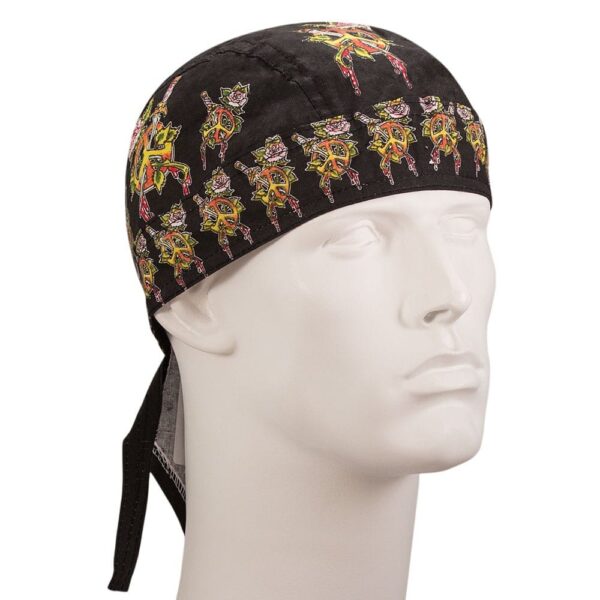 A black bandana features colorful graphics of swords and flowers wrapping around the head of a mannequin displaying a warrior or combat style theme in a neutral setting.