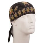 A black bandana adorns a mannequin head featuring colorful  cartoonish designs of wrestlers and shields  secured with ties at the back  displayed against a neutral background.