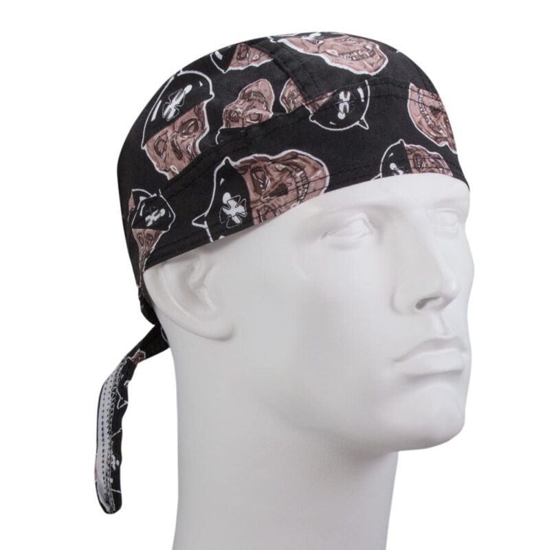 A black bandana featuring pirate skull patterns is displayed on a white mannequin head facing right in a neutral setting  emphasizing the design and theme of the fabric.