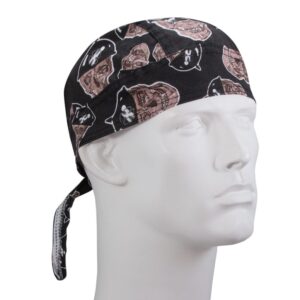 A black bandana patterned with pirate skulls and hats adorns a white mannequin head facing right in a neutral background showcasing the design clearly.