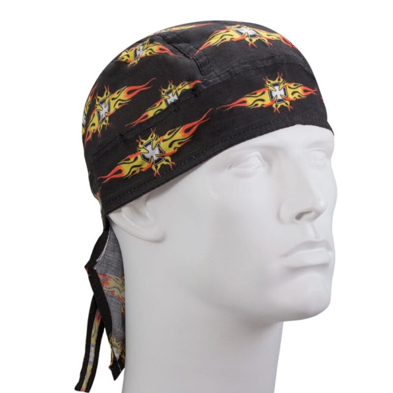 A black bandana with flame designs and a cross is worn on a plain white mannequin head showcasing a stylish accessory for casual or sport attire in a neutral setting.