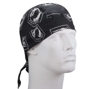 A black bandana with white printed designs rests on a mannequin's head  showcasing various symbols and phrases  suggesting a style associated with casual or outdoor wear.