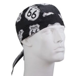 A black bandana with white Route 66 signs is tied around the head of a mannequin displaying the pattern prominently against a neutral background.